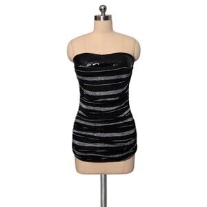 Vintage AGACI  90's Y2K Shimmer Metallic Black Silver Sequins Strapless Top M